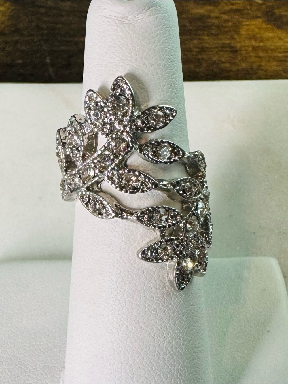 Silver Tone Crystal Floral Vine Statement Ring Size 5.5